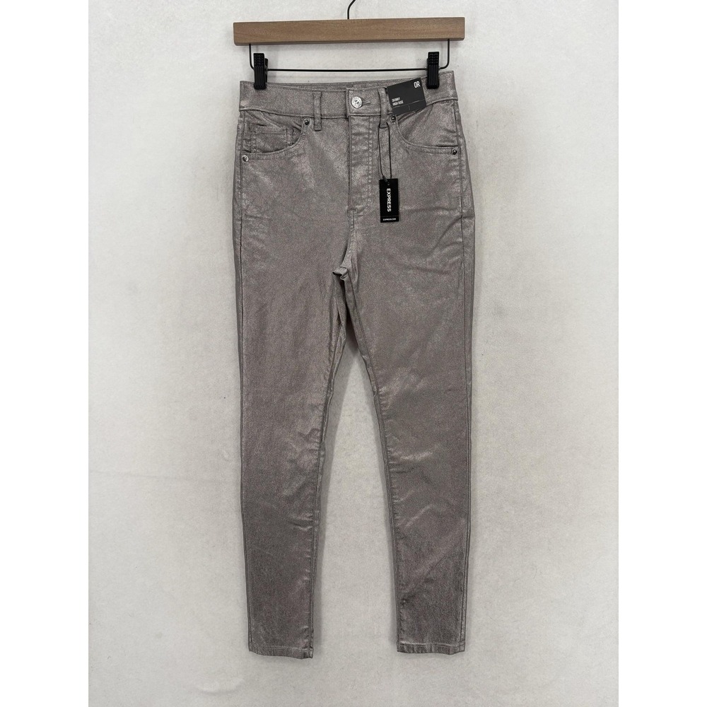Express High Rise Skinny Jeans Womens 0 Silver Metallic Stretch Denim Preppy NWT
